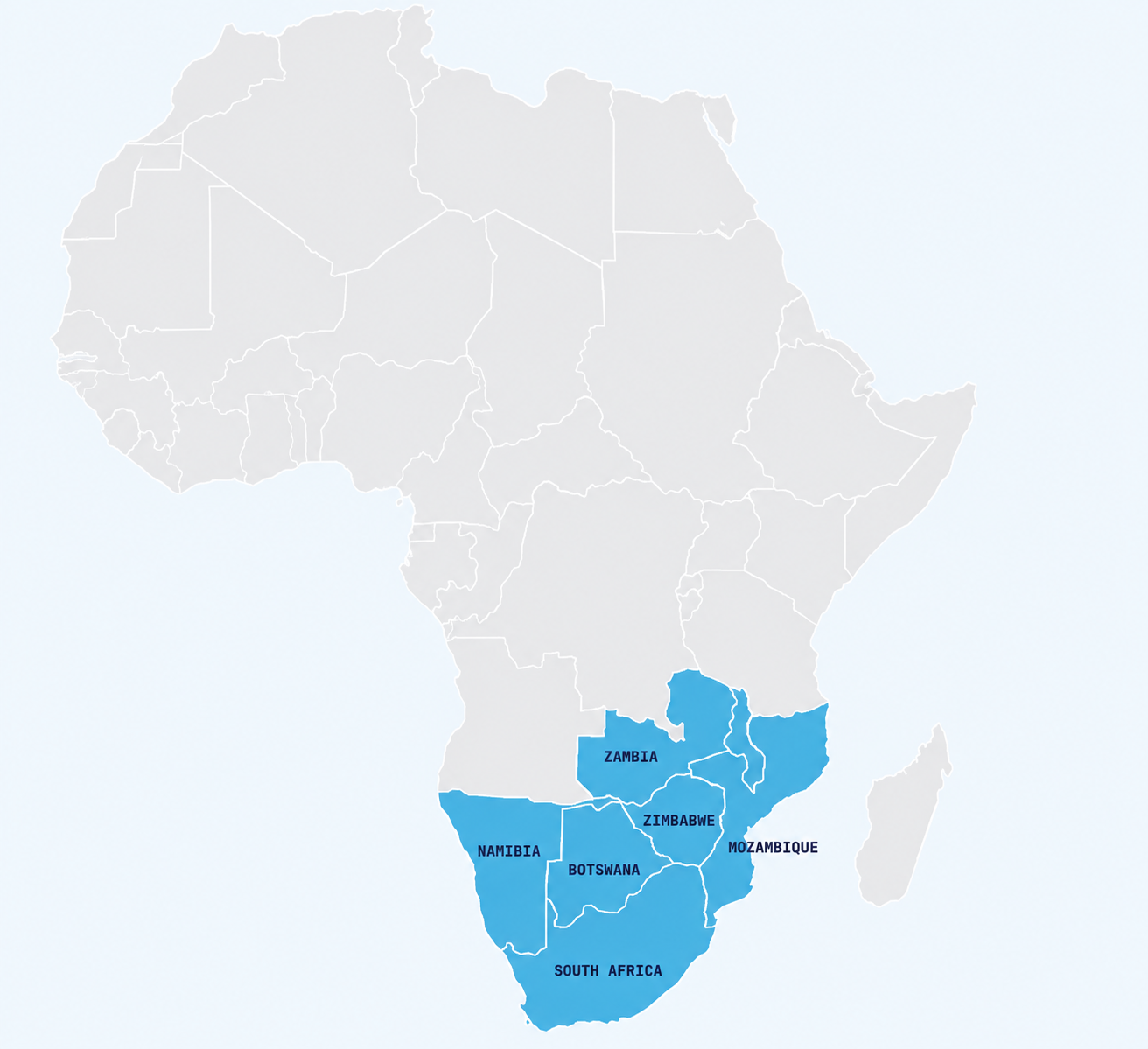 Map of Africa highlighting the six countries LHC Pharmaceuticals serves: South Africa, Namibia, Botswana, Zimbabwe, Zambia, and Mozambique.